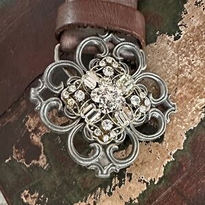Brown Leather Belt with Silver and Crystal Buckle